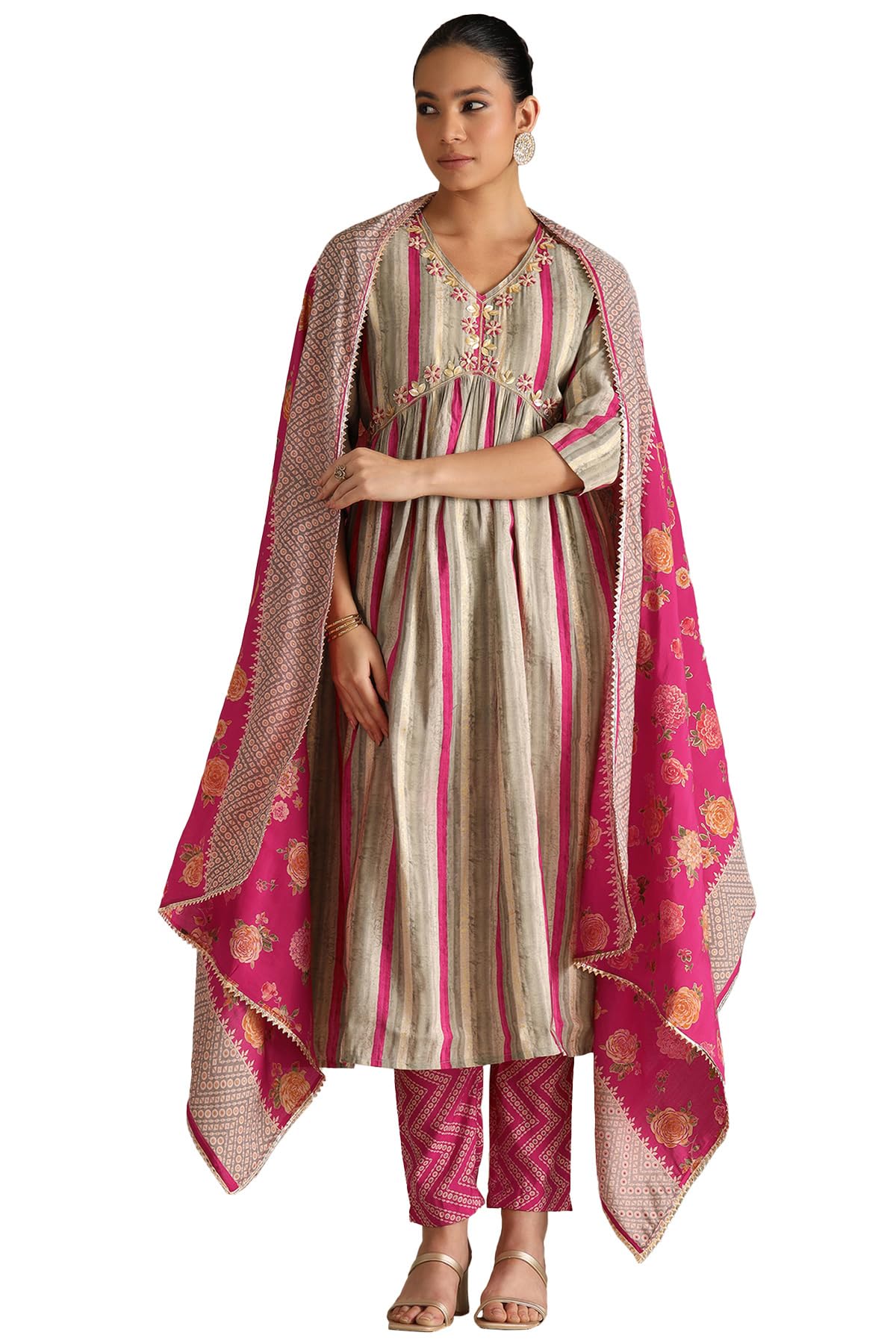 Soch Women Viscose Muslin Striped Suit Set with Beads
