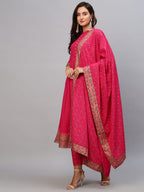 ANNI DESIGNER Womens Cotton Blend Solid Anarkali Kurta with Pant & Dupatta (Panchali-Rani_XL_Pink_X-Large)