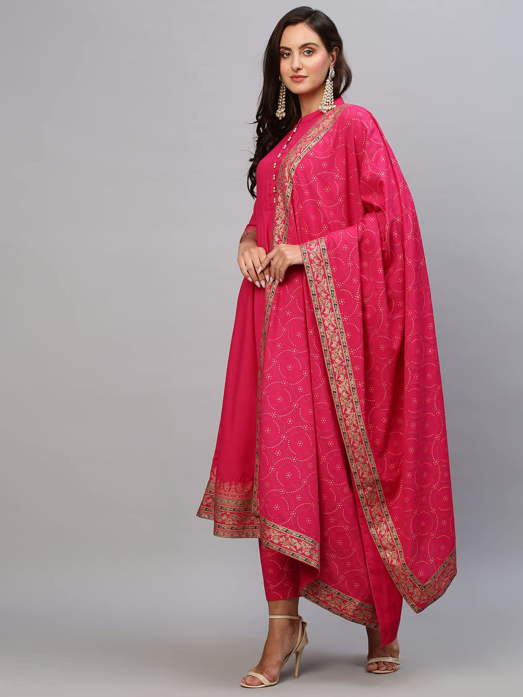 ANNI DESIGNER Womens Cotton Blend Solid Anarkali Kurta with Pant & Dupatta (Panchali-Rani_M_Pink_Medium)