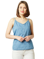 Miss Chase WomenS V Neck Sleeveless Cotton Solid Denim Spaghetti Top (Mcaw25Den62-80-350-03, Baby Blue, S)