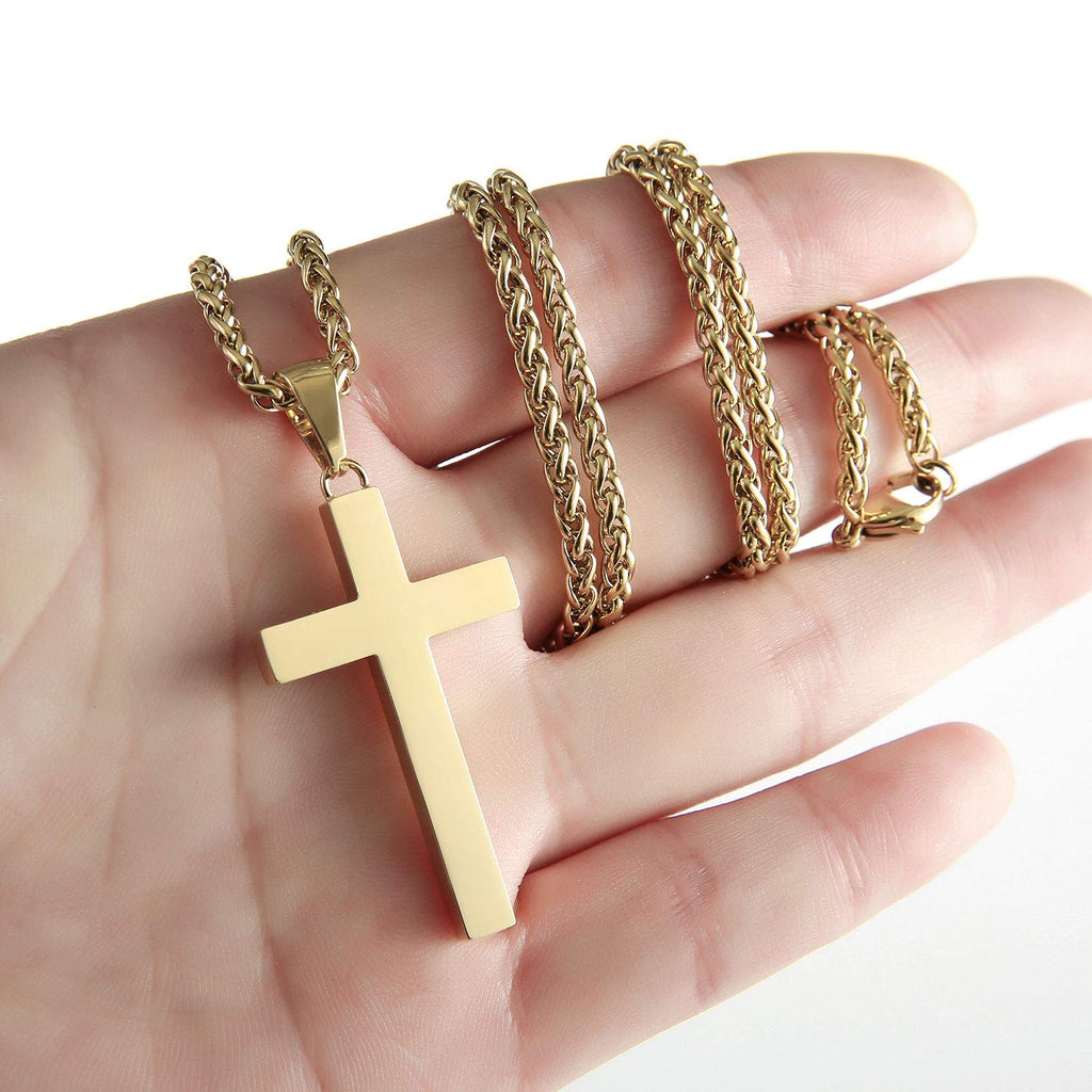 P. BLAKE Gold Cross Necklace for Men Boys, Stainless Steel Cross Pendant Chain Christian Religious Jewelry Valentine Christmas G