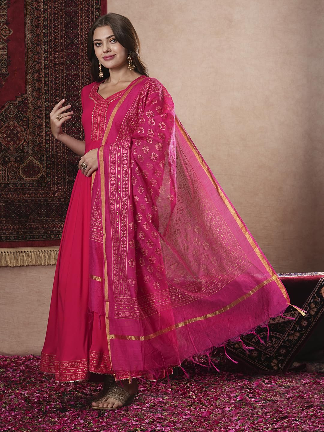 ANNI DESIGNER Women s Printed Rayon Blend Kurta with Pants and Dupatta, Pink, 2XL