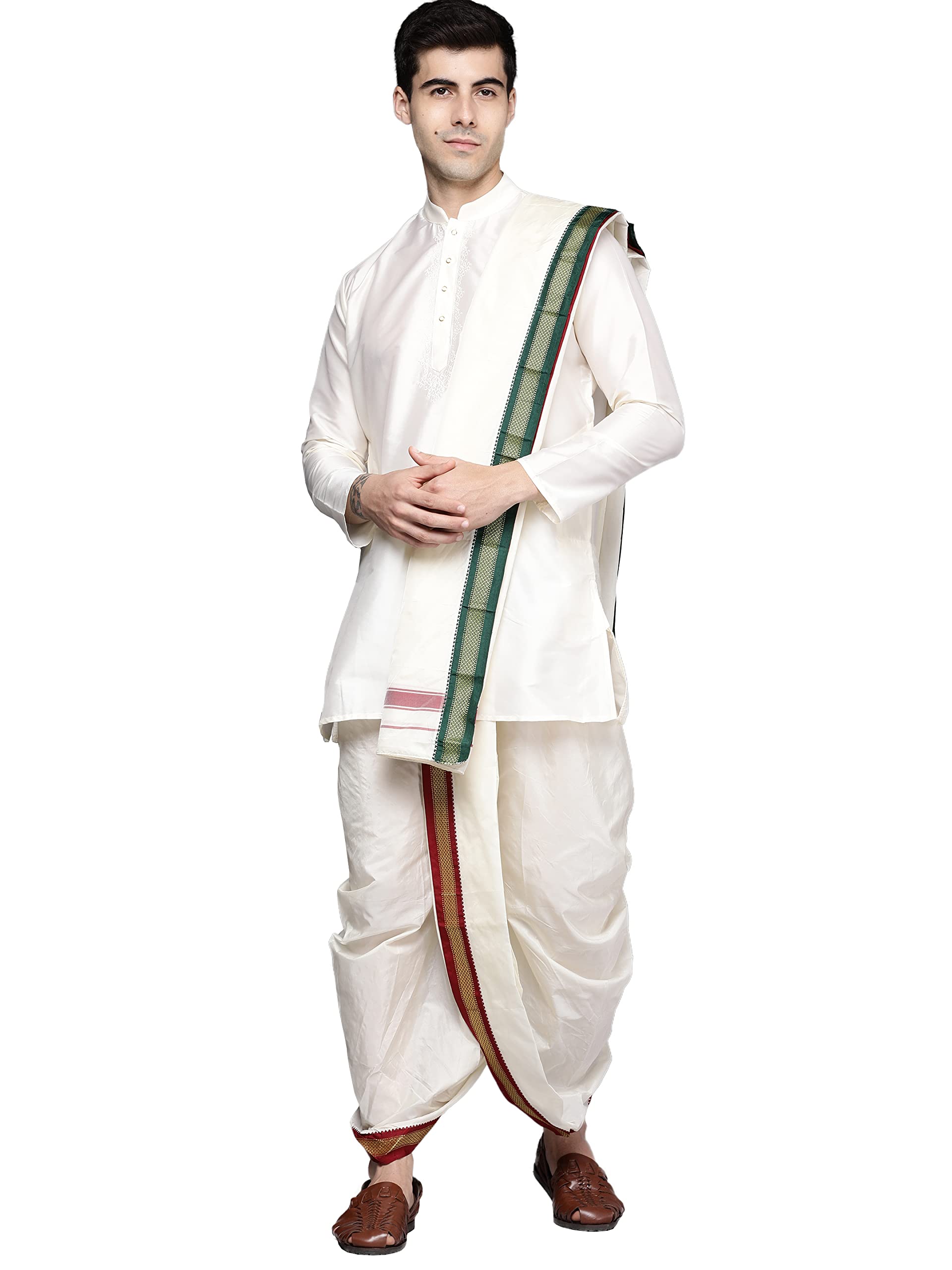 Manyavar Kurta Dhoti Set for Men, Full Sleeves Mandarrin Collar, Art Silk Self Mens Kurta South Dhoti Set (Cream) (XL)