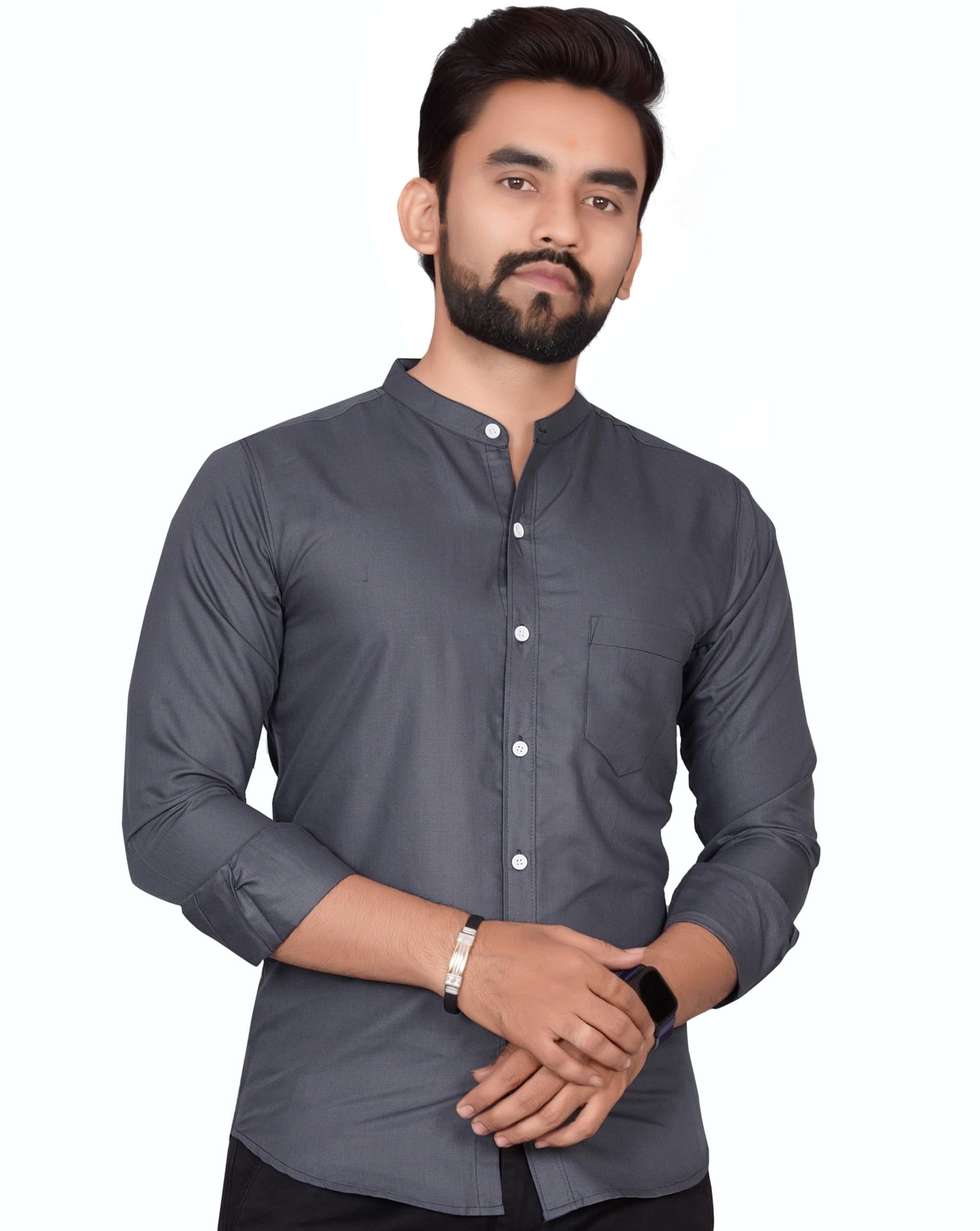 Besix MenS Regular Fit Solid Cotton Shirt | Chinese Collar | Casual | Plain | Branded | Mandarin Collar | Full Sleeve | Summer 