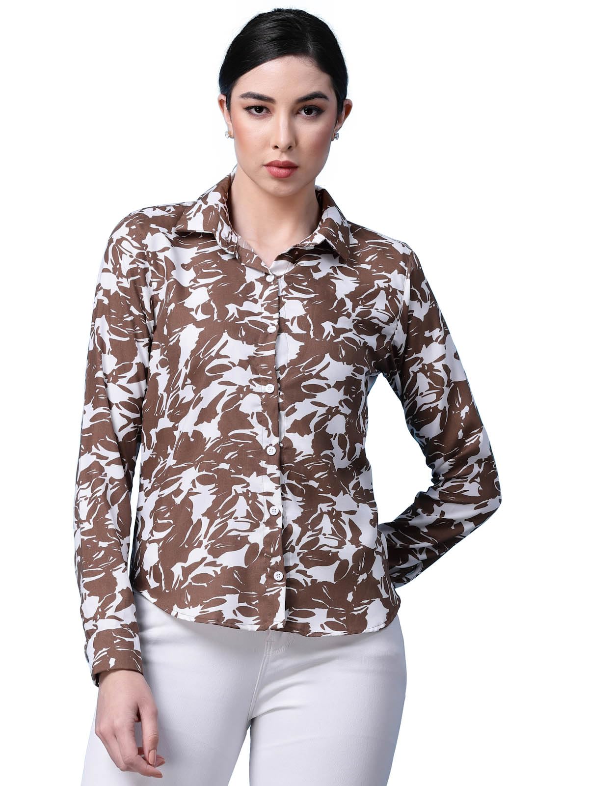 OOMPH! Shirts for Women, Floral Printed, Brown