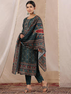 Ishin WomenS Green Ethnic Motifs Printed Poly Silk Straight Kurta With Trousers & Dupatta