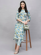 ANNI DESIGNER Womens Cotton Blend Straight Printed Kurta with Pant (Dafiya Blue_XL_Blue_X-Large)