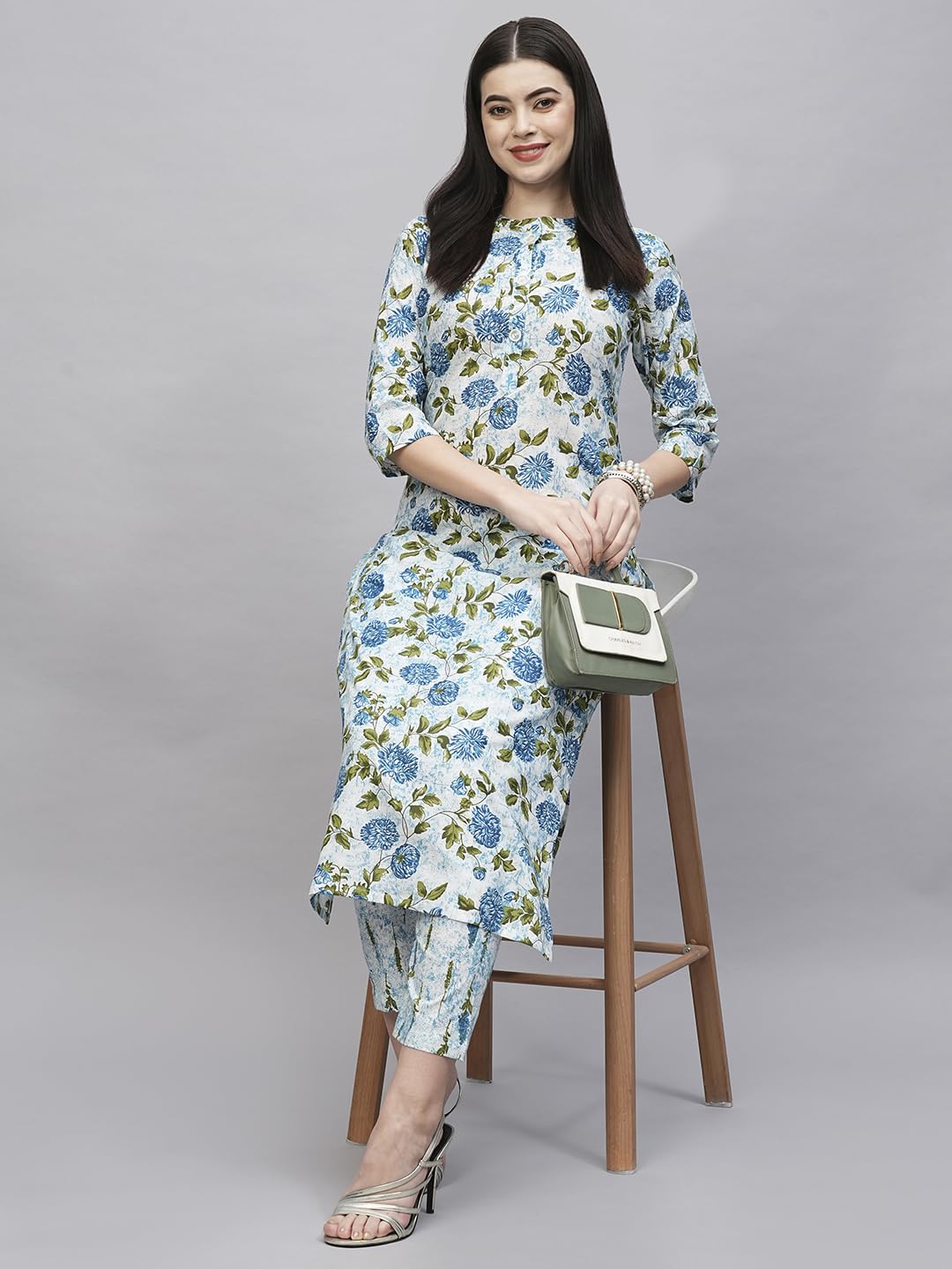 ANNI DESIGNER Womens Cotton Blend Straight Printed Kurta with Pant (Dafiya Blue_XL_Blue_X-Large)