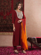 ANNI DESIGNER Ladies Plain Rayon Blend Kurta with Trousers and Dupatta, dark red, S