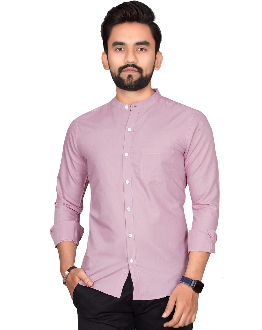 Besix MenS Regular Fit Solid Cotton Shirt | Chinese Collar | Casual | Plain | Branded | Mandarin Collar | Full Sleeve | Summer 