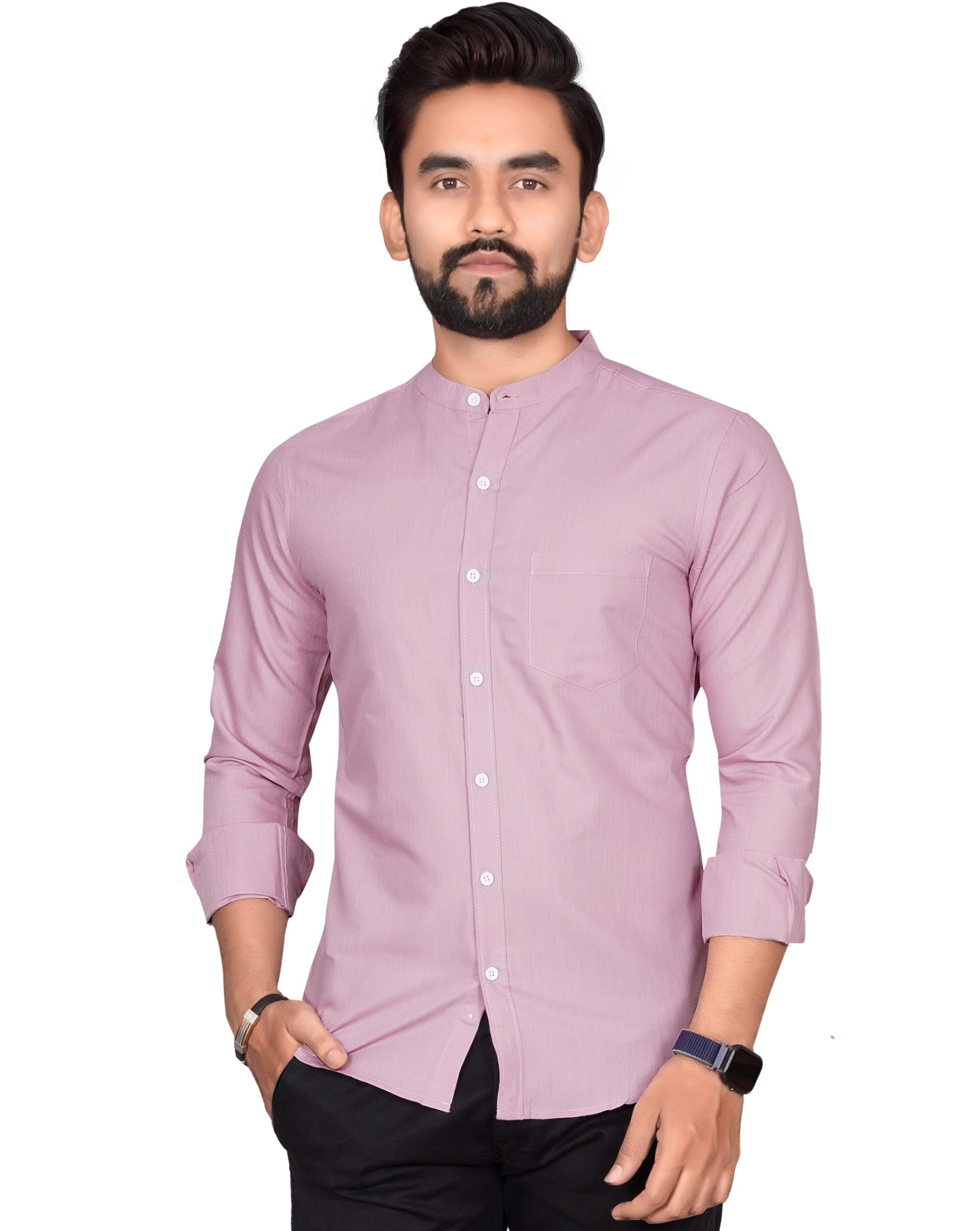 Besix MenS Regular Fit Solid Cotton Shirt | Chinese Collar | Casual | Plain | Branded | Mandarin Collar | Full Sleeve | Summer 