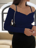 Sugathari Womens Navy Blue Solid Colour Open Cold Off Shoulder Long Sleeve Lettuce Hem Casual Autumn Trim Tight- Slim Fitting R