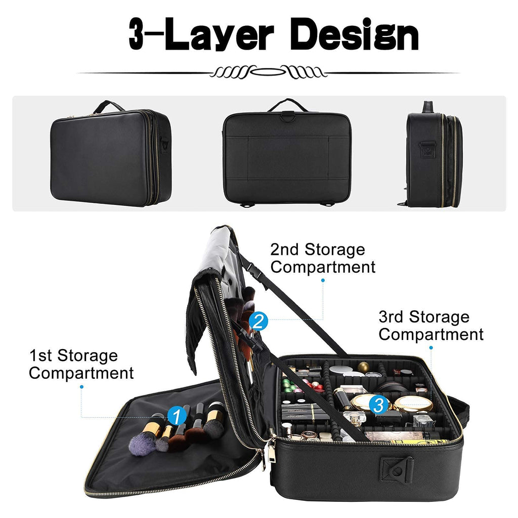 Oewoer Travel Makeup Train Case PU Leather Professional Makeup Case 16 with Adjustable Strap Portable Cosmetic Organizer Artist