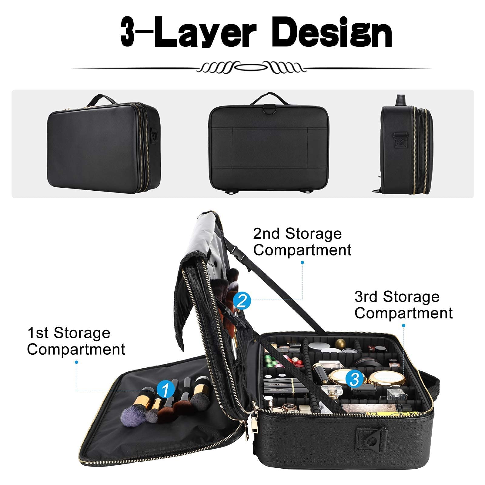 Oewoer Travel Makeup Train Case PU Leather Professional Makeup Case 16 with Adjustable Strap Portable Cosmetic Organizer Artist