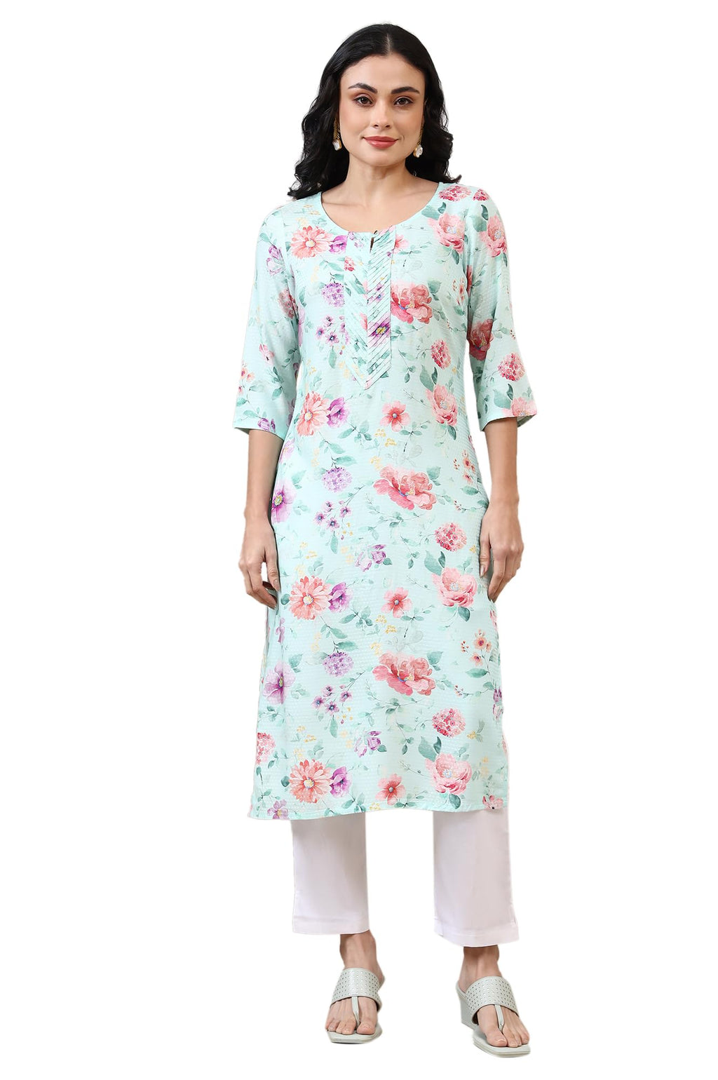Aurelia WomenS Bermuda Blue Digital Floral Printed Rayon Straight Kurta (Size: M)-A15689-509224