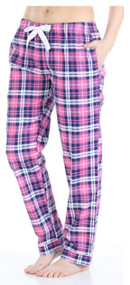 PajamaMania Women's Cotton Flannel Pajama PJ Pants with Pockets, Pink & Navy Plaid, X-Large