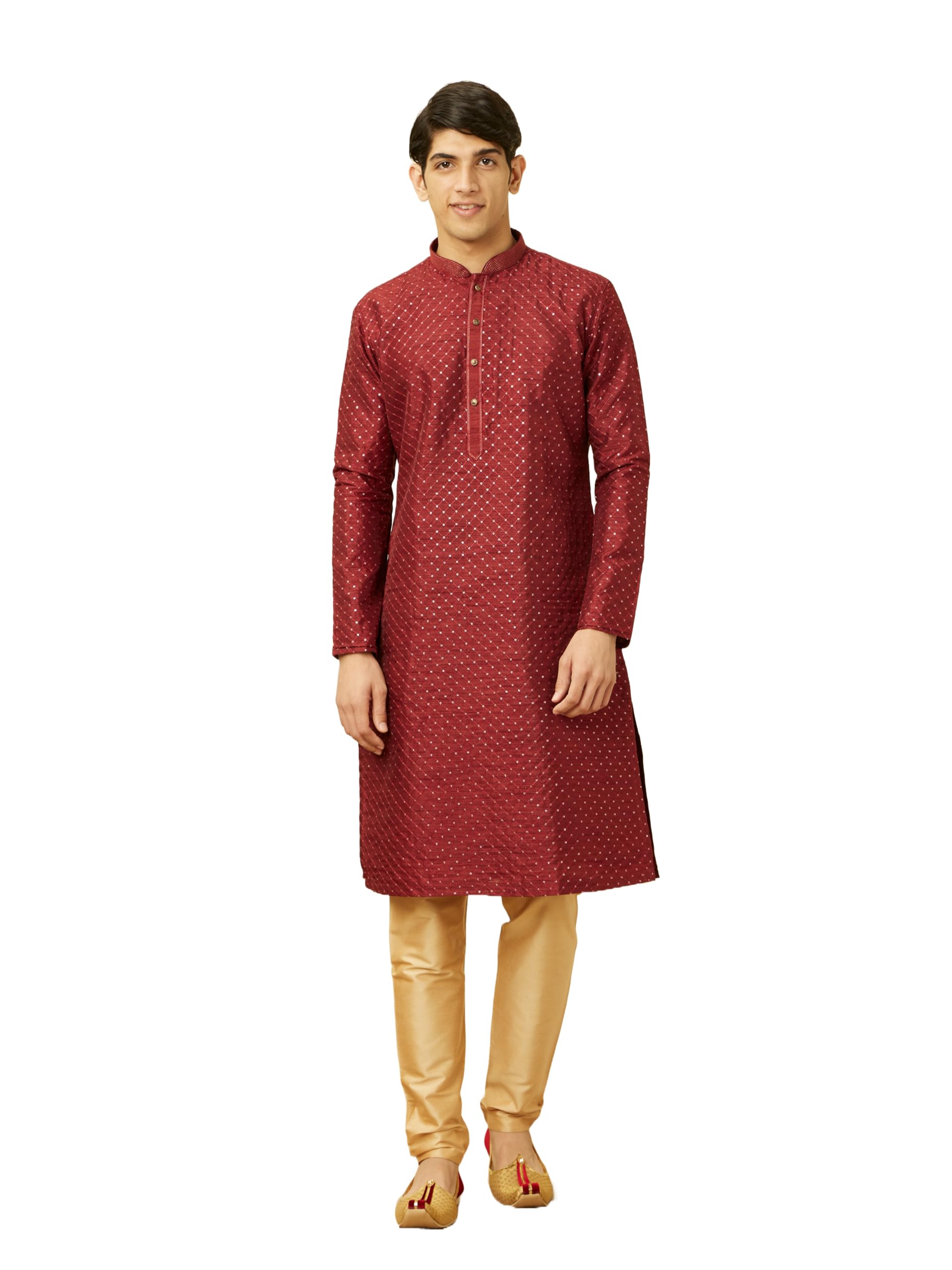 Manyavar Mens Chilli Pepper Red Diamond Patterned Kurta Set (Maroon,XL)