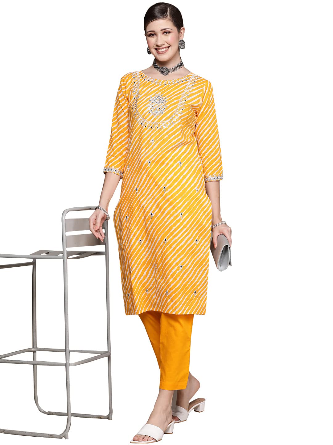Ishin Women'S Pure Cotton Straight Embroidered Zari Leheriya Print Yellow Kurta Suit Set With Trouser Inwkt068_Yl_Xxl_Yellow
