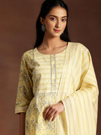 Libas Yellow Printed Cotton Straight Kurta With Palazzos & Dupatta