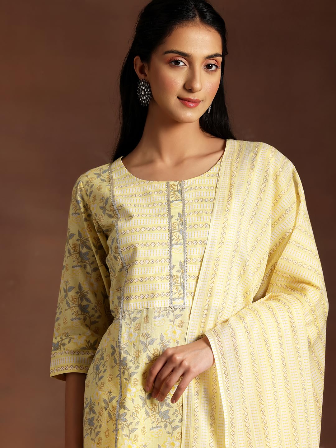Libas Yellow Printed Cotton Straight Kurta With Palazzos & Dupatta