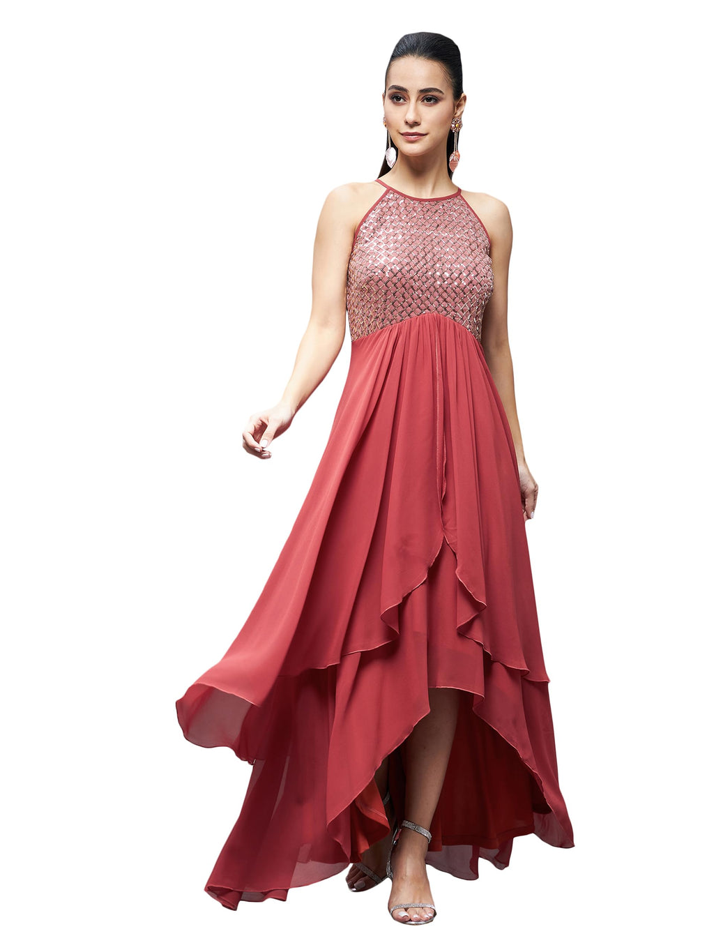 Miss Chase WomenS Halter Neck Sleeveless Embellished Layered Maxi Dress (Mcss23D13-75-149-06, Brick Red, Xl)
