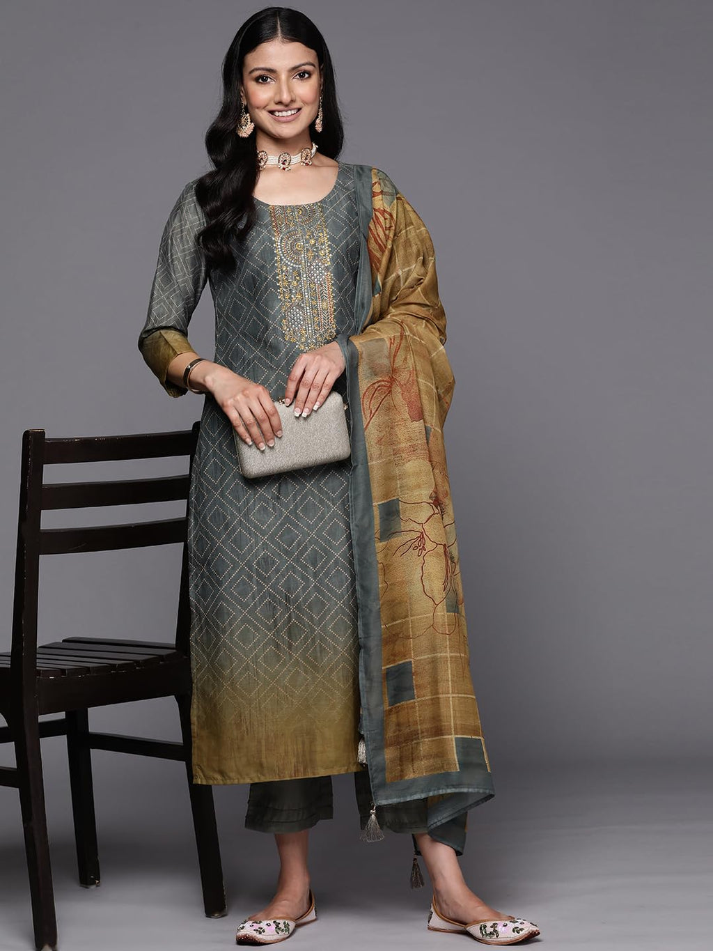 Libas WomenS Silk Blend Kurta Sets (38023O_Grey