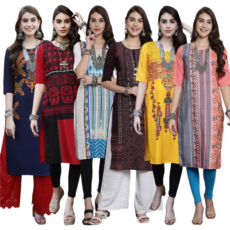 Pinkmint Womens Crepe Digital Print Straight Kurta [Pack of 6]