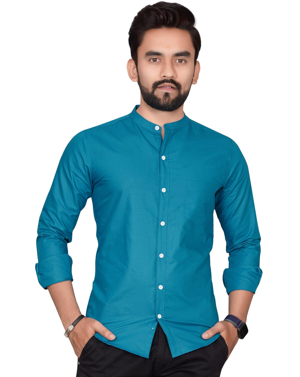 Besix MenS Regular Fit Solid Cotton Shirt | Chinese Collar | Casual | Plain | Branded | Mandarin Collar | Full Sleeve | Summer 