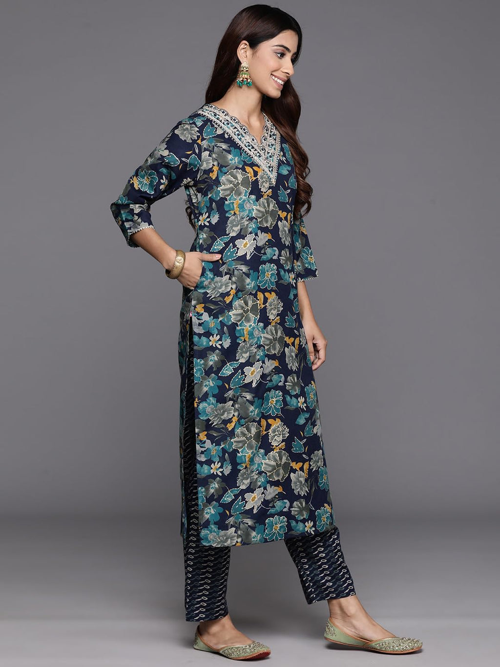 Varanga Women Blue Floral Print And Embroidered Kurta With Bottom And Dupatta