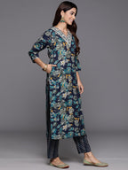 Varanga Women Blue Floral Print And Embroidered Kurta With Bottom And Dupatta