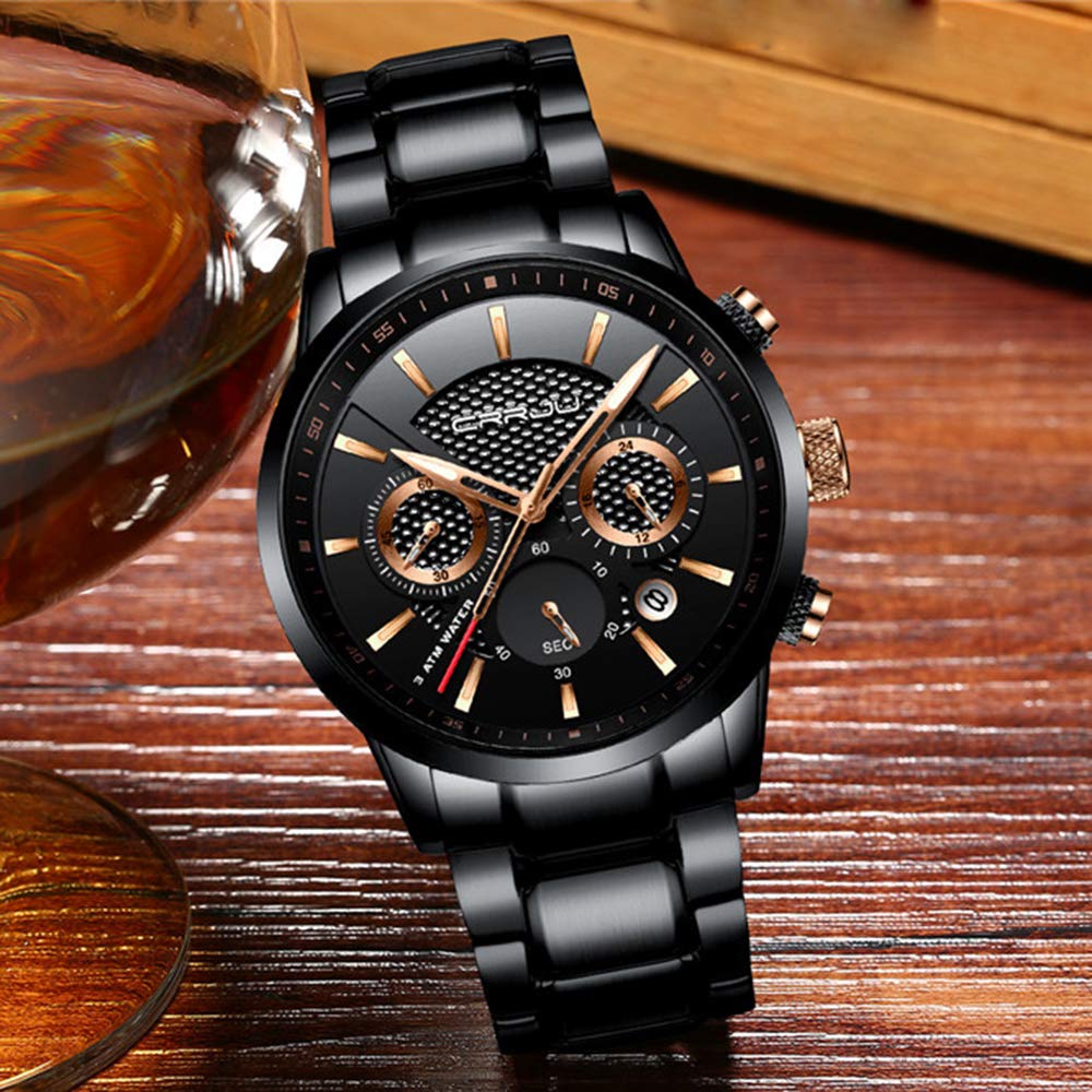 CRRJU Men's Watches Business Stainless Steel Wristwatches Men Black Strap Sport Fashion Quartz Analog Watches Waterproof Chronog