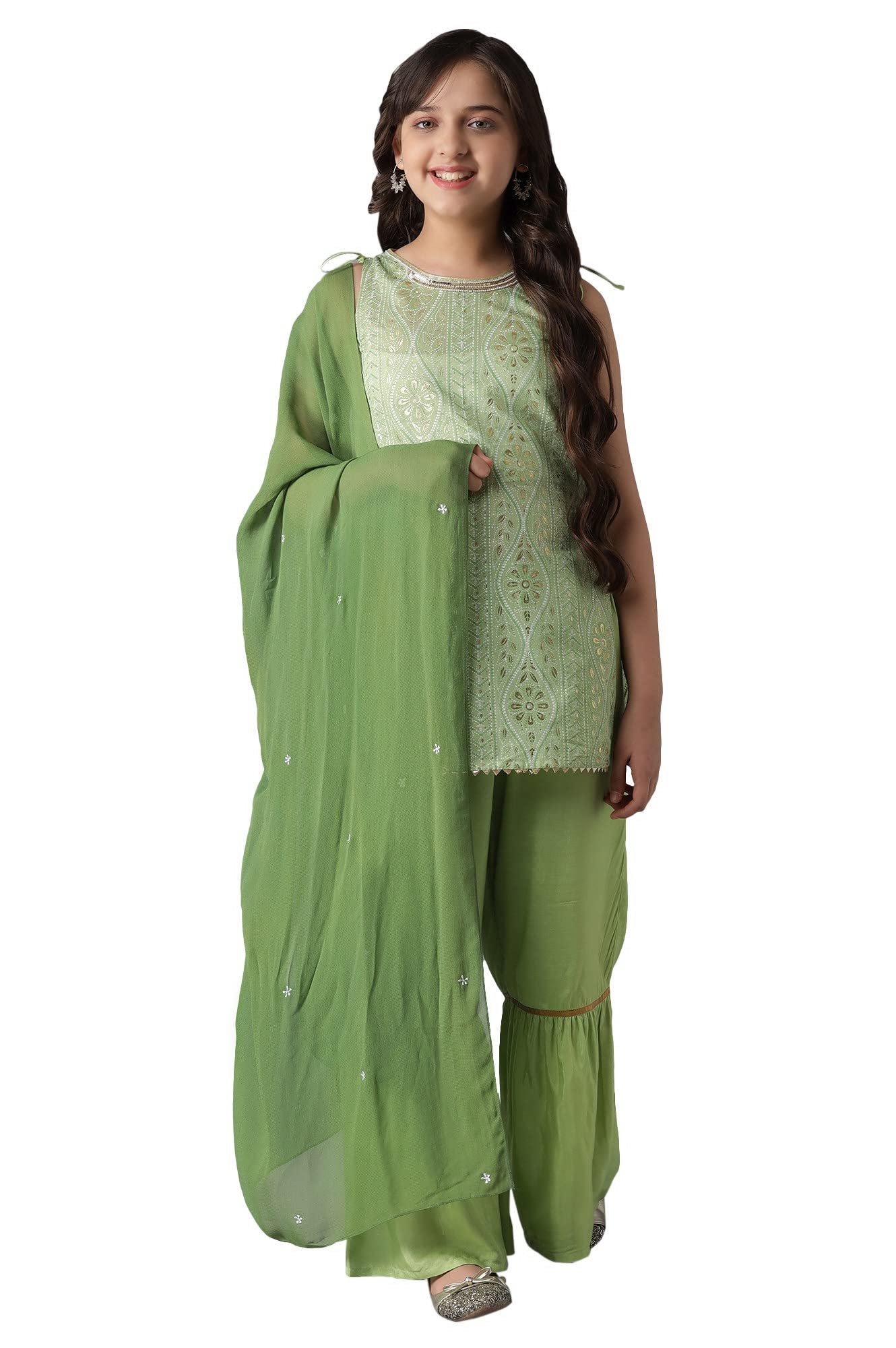 Aurelia Girl'S Viscose Regular Kurta-Set (22Aug10200C-504738_Green_14-15 Years)