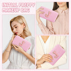Personalized Preppy Small Travel Makeup Bag, Initial Chenille Letter Pink Makeup Bag Cosmetic Pouch Toiletry Organizer, PU Leath