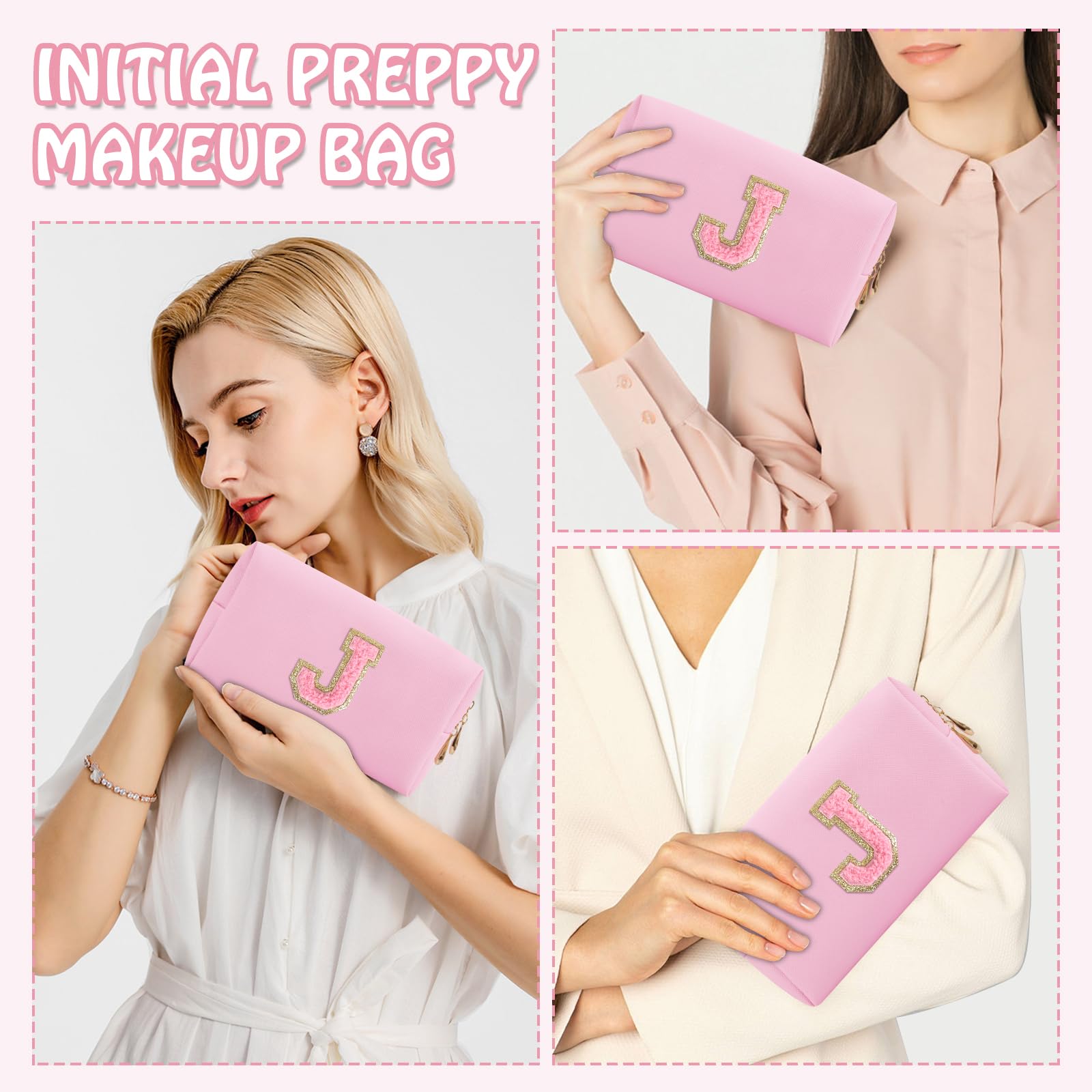 Personalized Preppy Small Travel Makeup Bag, Initial Chenille Letter Pink Makeup Bag Cosmetic Pouch Toiletry Organizer, PU Leath