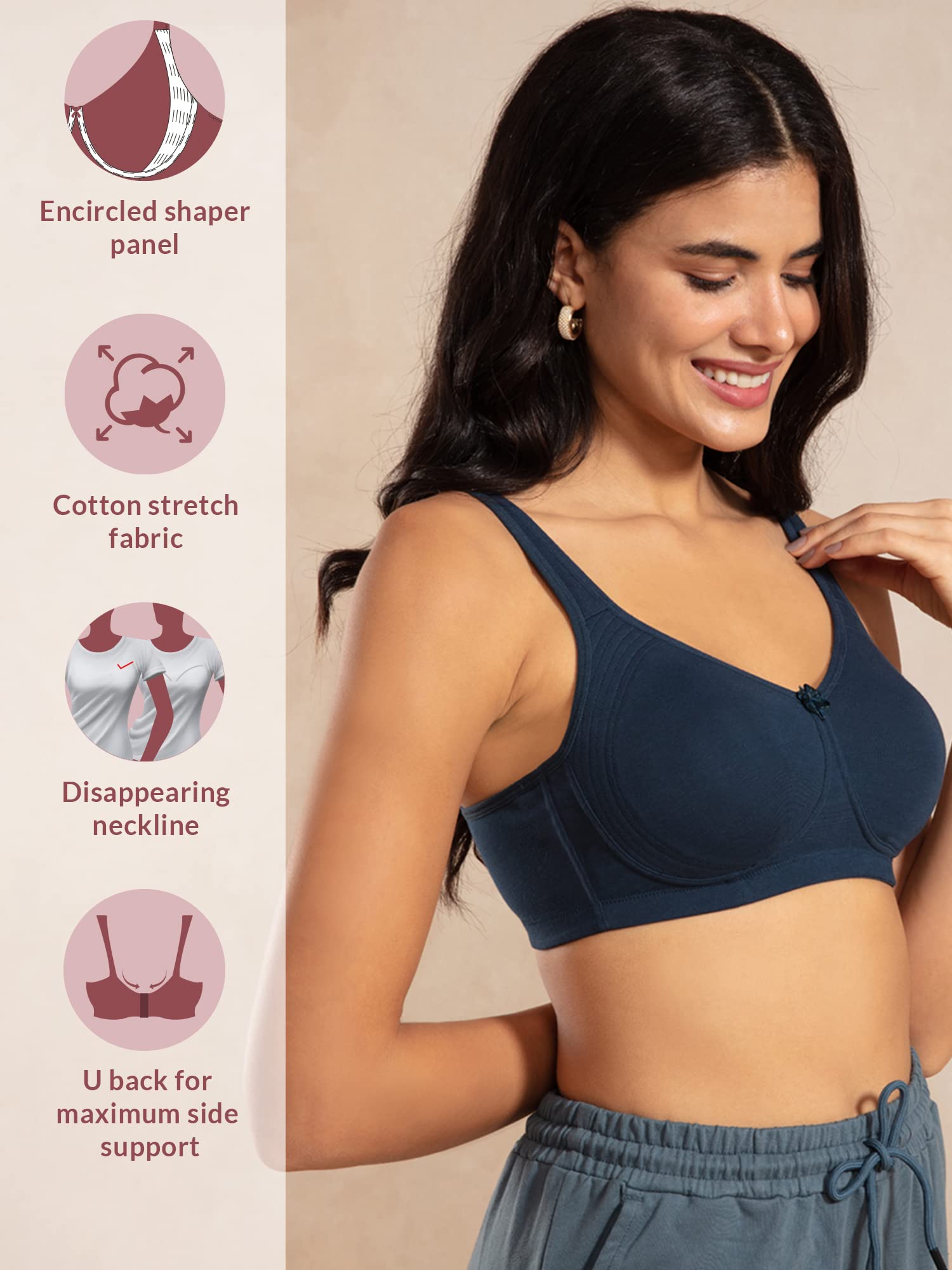 Nykd (Nyb169 Cotton Anti Microbial Non Padded & Non Wired Side Support Shaper Bra For Women | Full Coverage Bra With Detailed Co