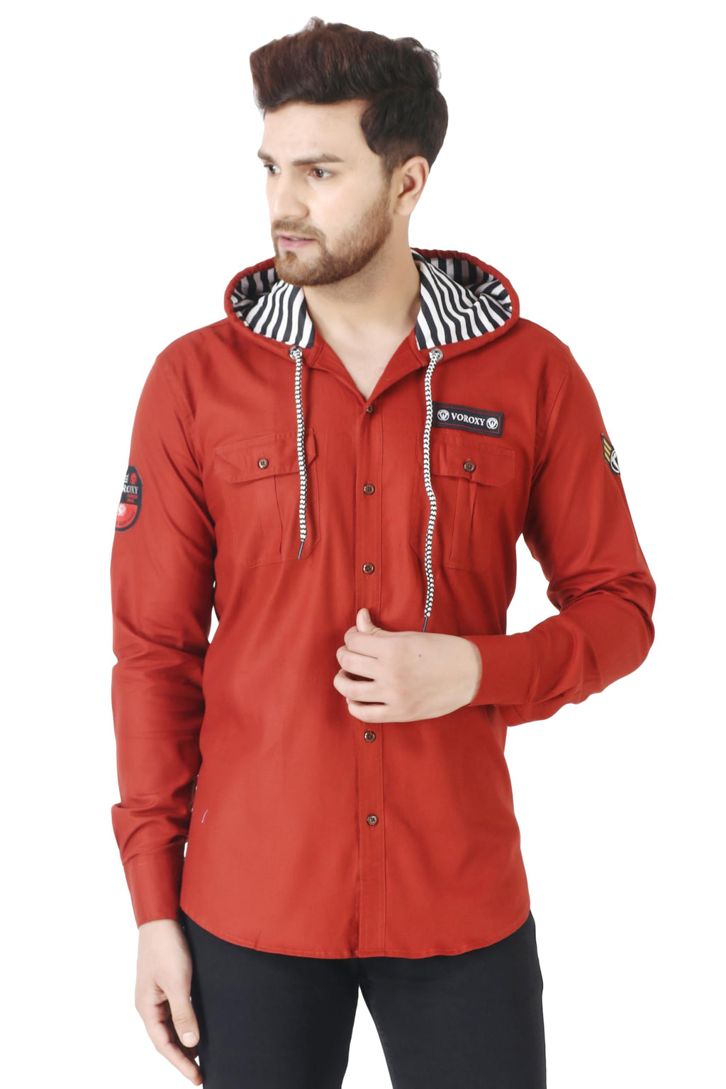 Besix MenS Red Tailored Fit Cotton Blend Shirt For Man With Hoodie - Casual Long Sleeve Shirt With Pockets - Patch Detail For S