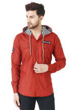 Besix MenS Red Tailored Fit Cotton Blend Shirt For Man With Hoodie - Casual Long Sleeve Shirt With Pockets - Patch Detail For S