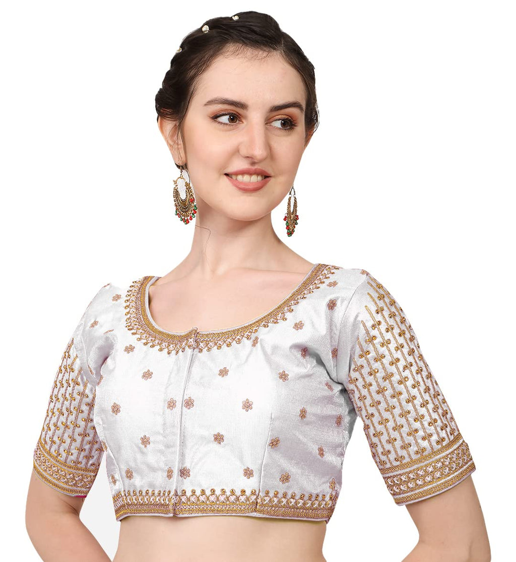 Pujia Mills WomenS Cobra Silk Embroidery Coding Stone Work Half Sleeve Saree Blouse