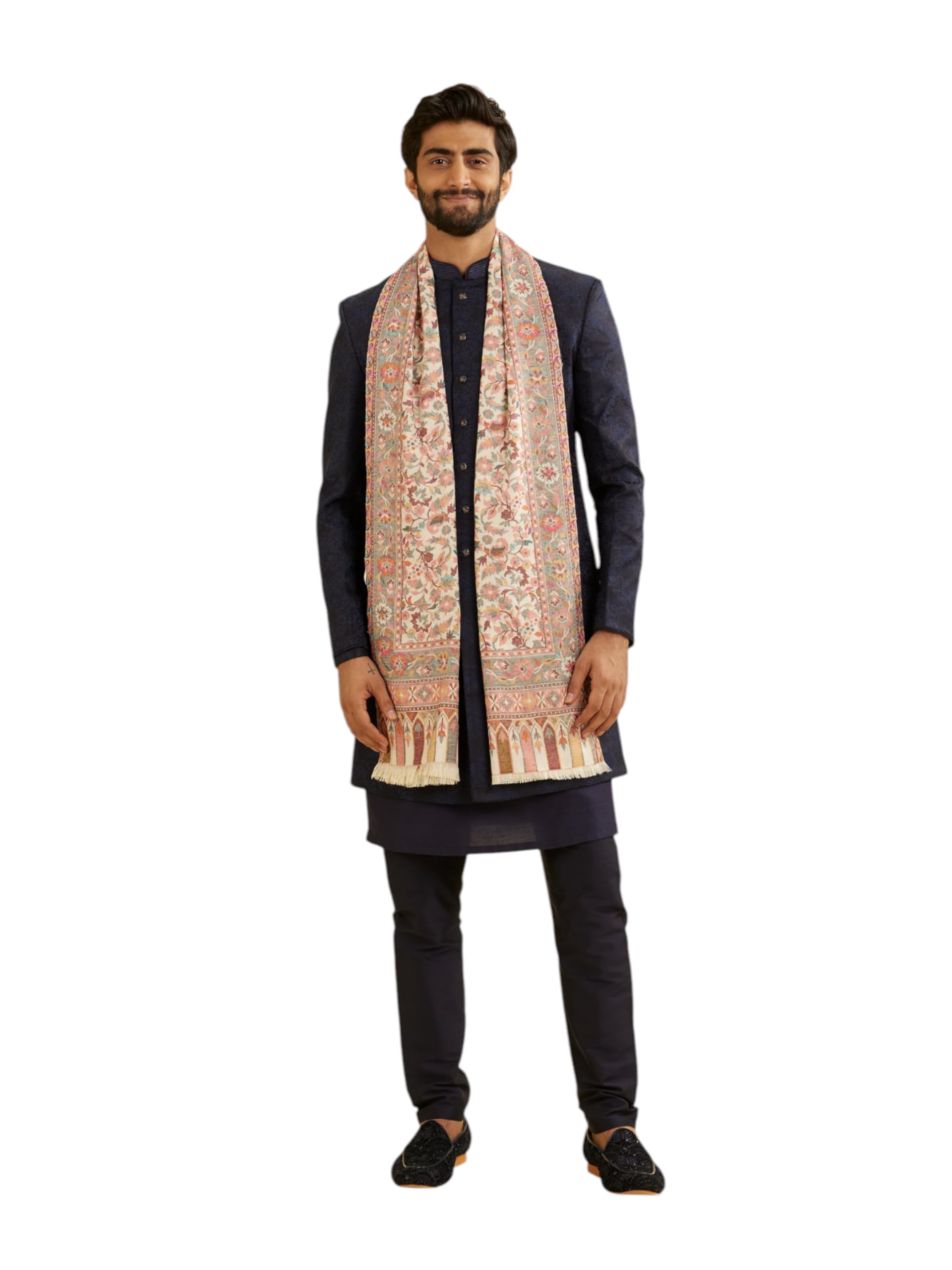 Manyavar MenS Floral Vine Patterned Shawl With Paisley Motifs (Cream)