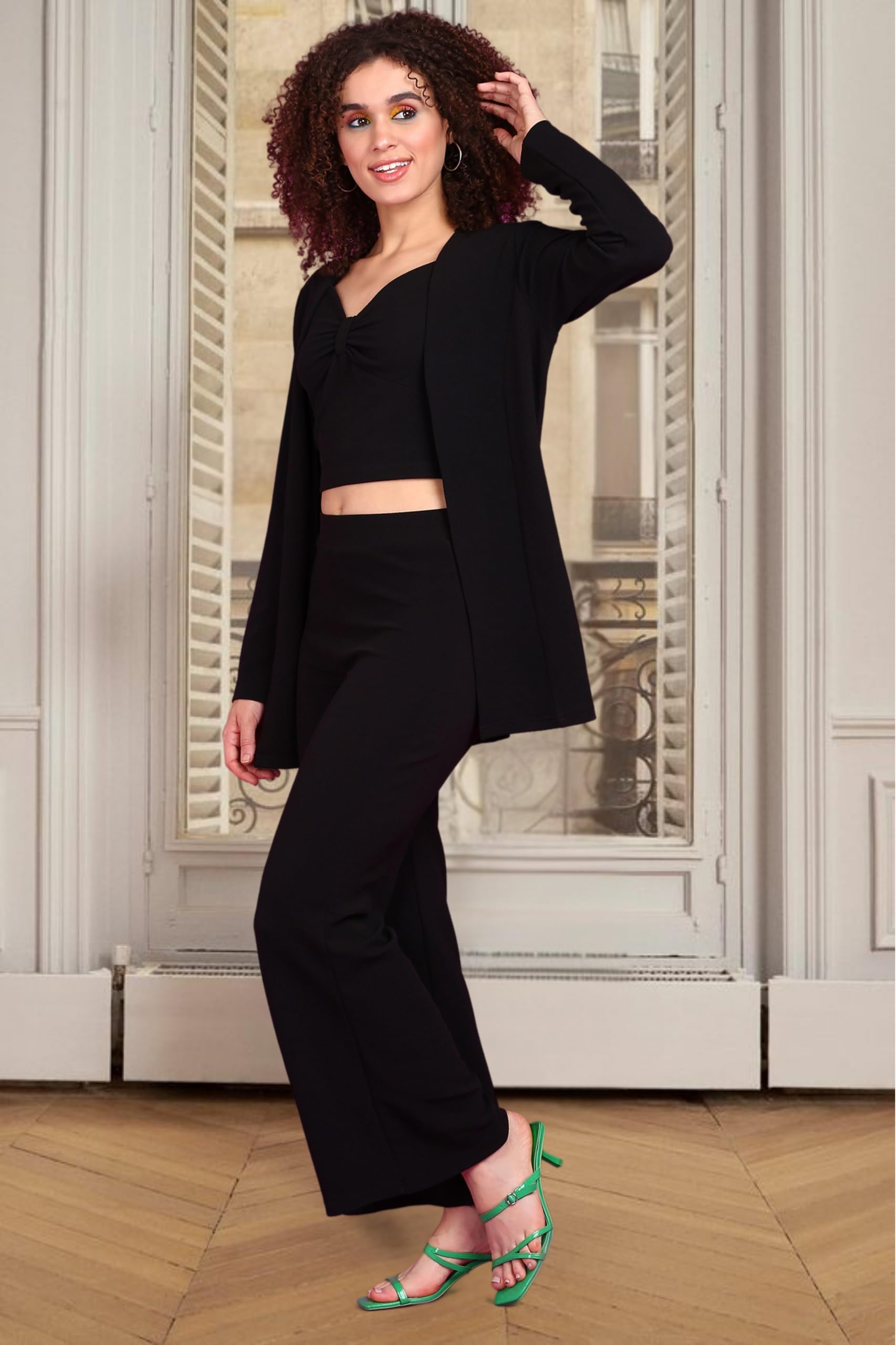 Popwings Casual 3 Pieces Co-Ords Set For Women | Women Shrug Top Trouser Set | Women Shrug Top And Trousers Set Summer Wear| 3 P