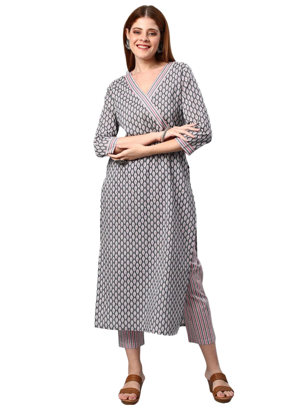 ANNI DESIGNER Womens Cotton Blend Printed Straight Kurta with Pant (Jinki-White & Grey_M_Dark Blue_Medium)