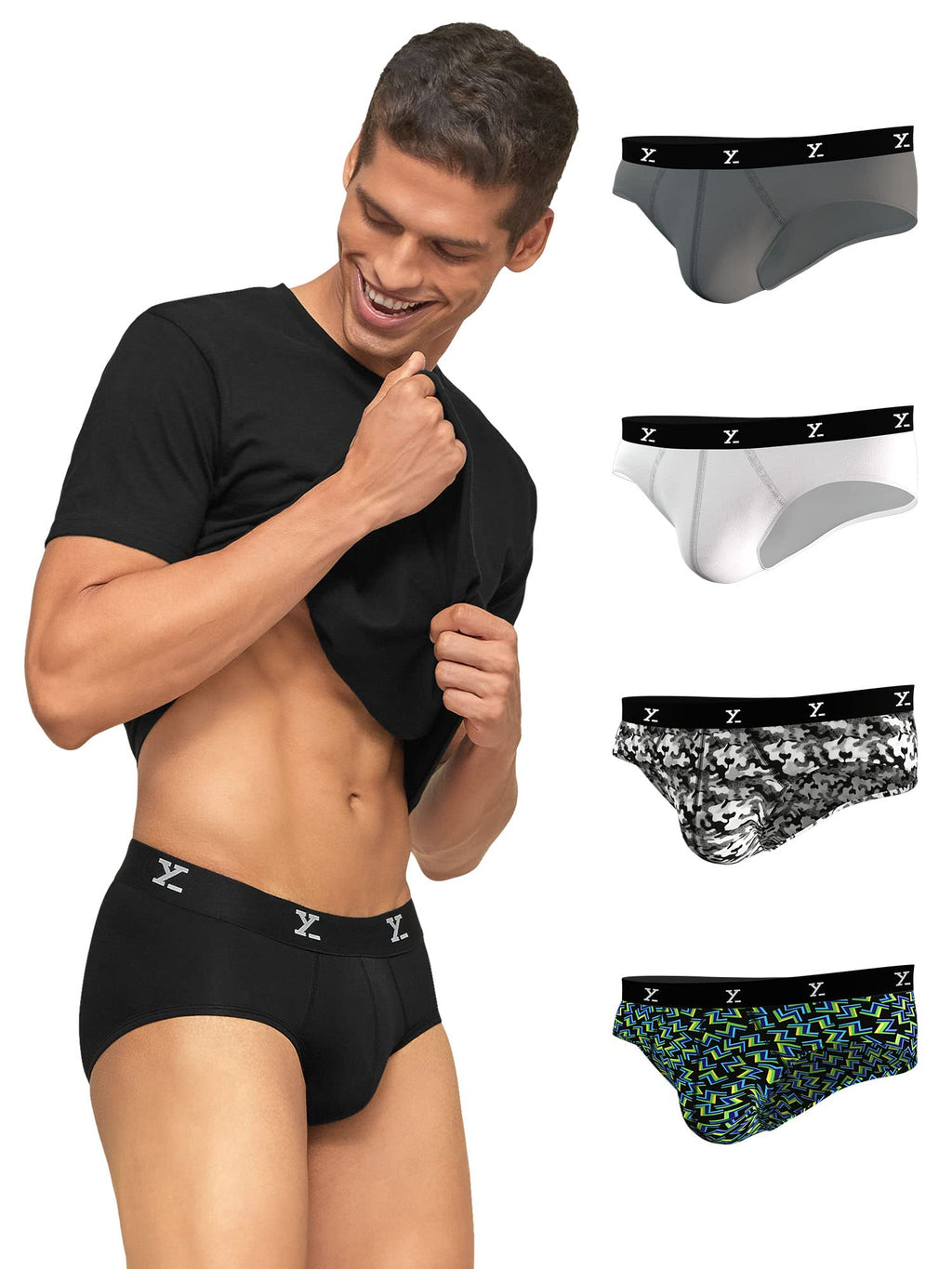 XYXX Mens Underwear Shuffle IntelliSoft Antimicrobial Micro Modal Brief Pack of 5 (Lightning Bolt; Black ; Camo Monocrom ; Grey