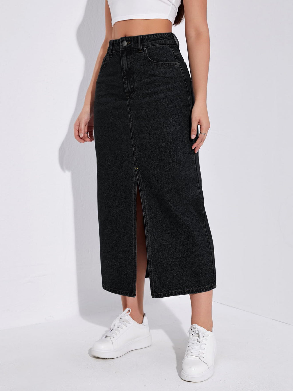 Shasmi Womens Spring/Summer Casual Front Split Thigh Straight Denim Skirt ll Denim Skirt for Women Long ll Skirt & top for Wome