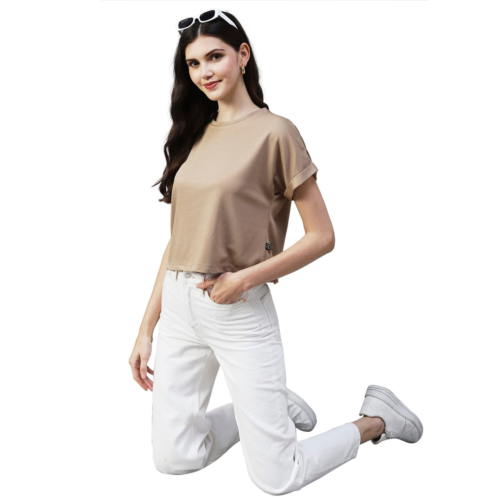 Rigo Women Beige Cap Sleeves Poly Corduroy Crop Top