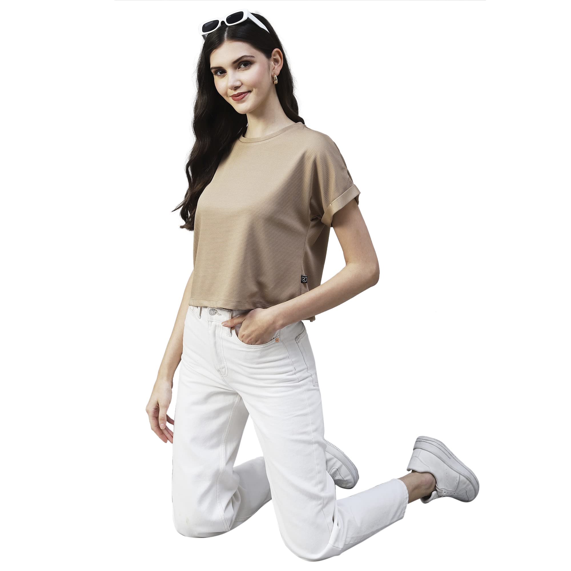 Rigo Women Beige Cap Sleeves Poly Corduroy Crop Top