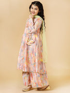 A.T.U.N. (All Things Uber Nice) Peach Floral Printed Anarkali Palazzo Set For Girls