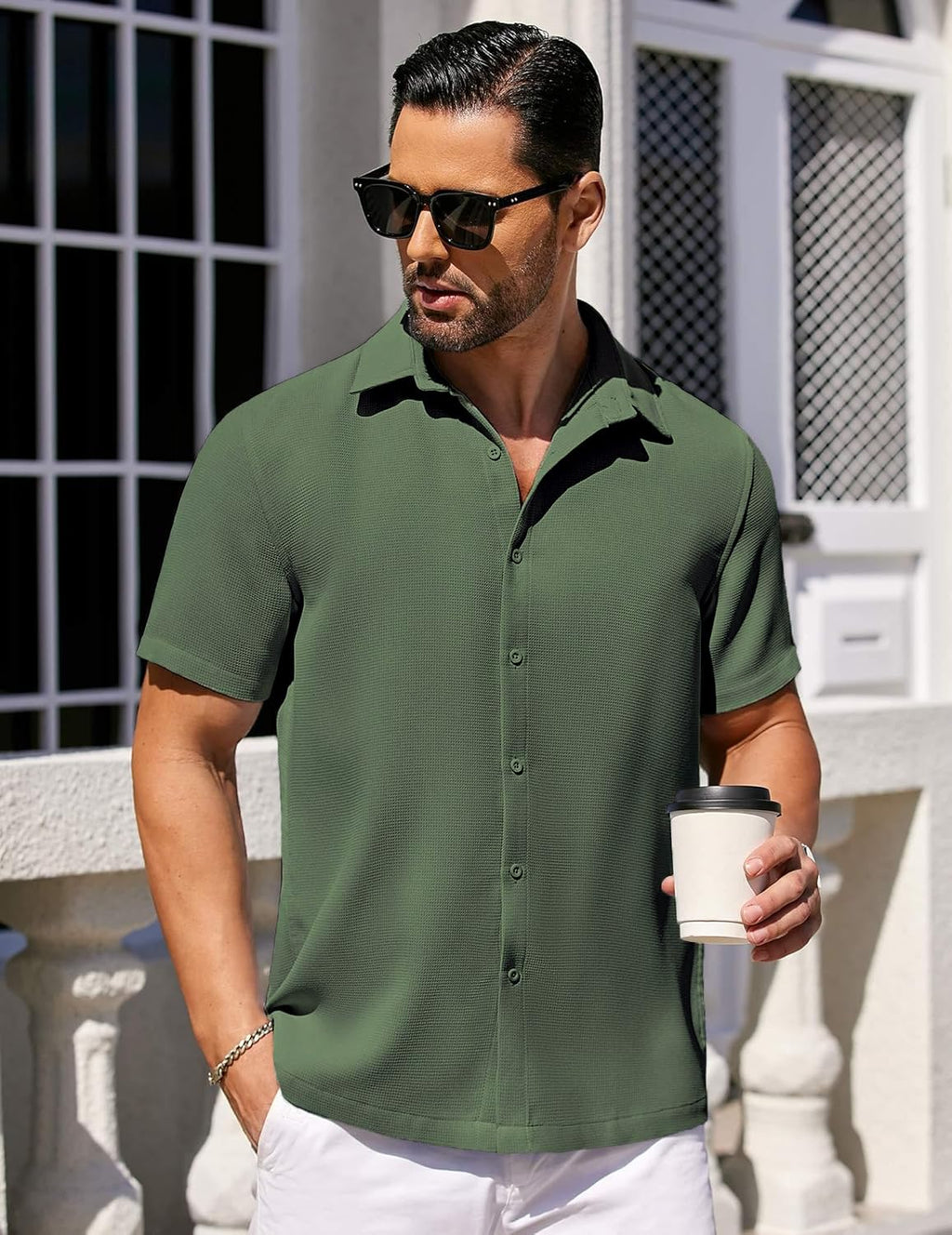 CB-COLEBROOK Mens Waffle Knit Shirt Short Sleeve Button Down Shirts Casual Beach Vacation Shirts Latest Textured Wrinkle Free Sh