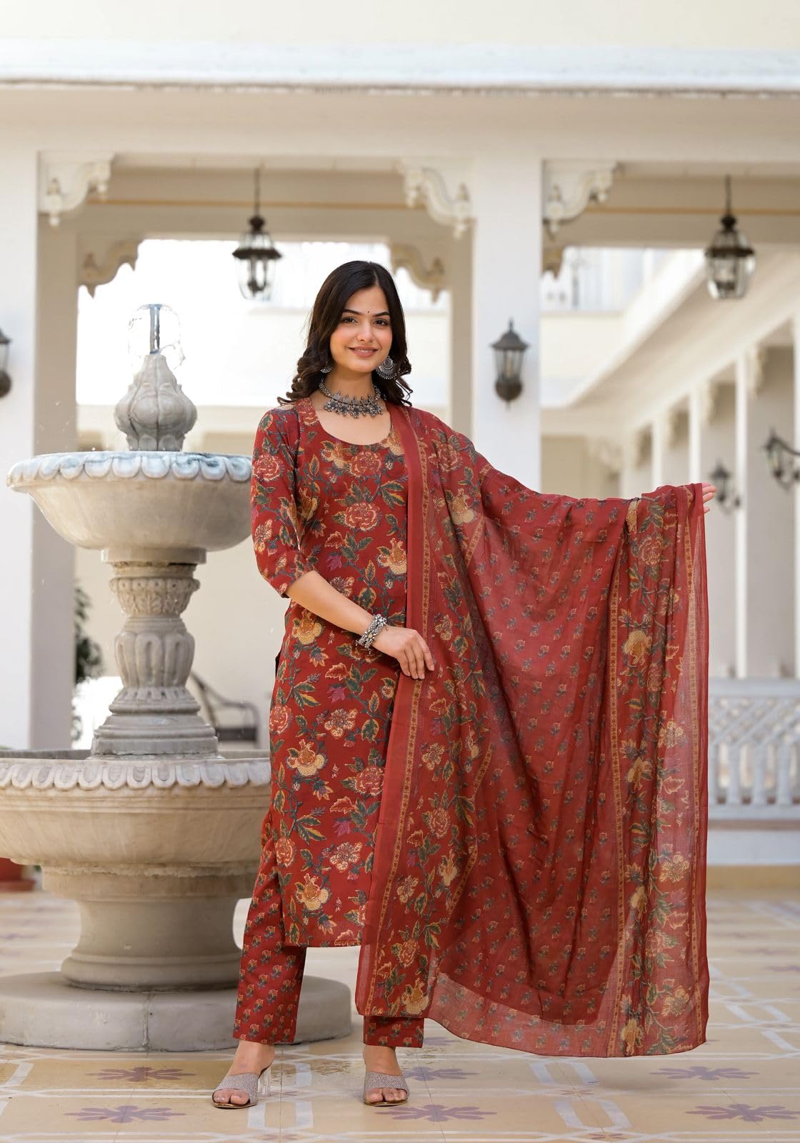 ANNI DESIGNER Ladies Cotton Blend Dupatta Kurta Trousers, dark red, M