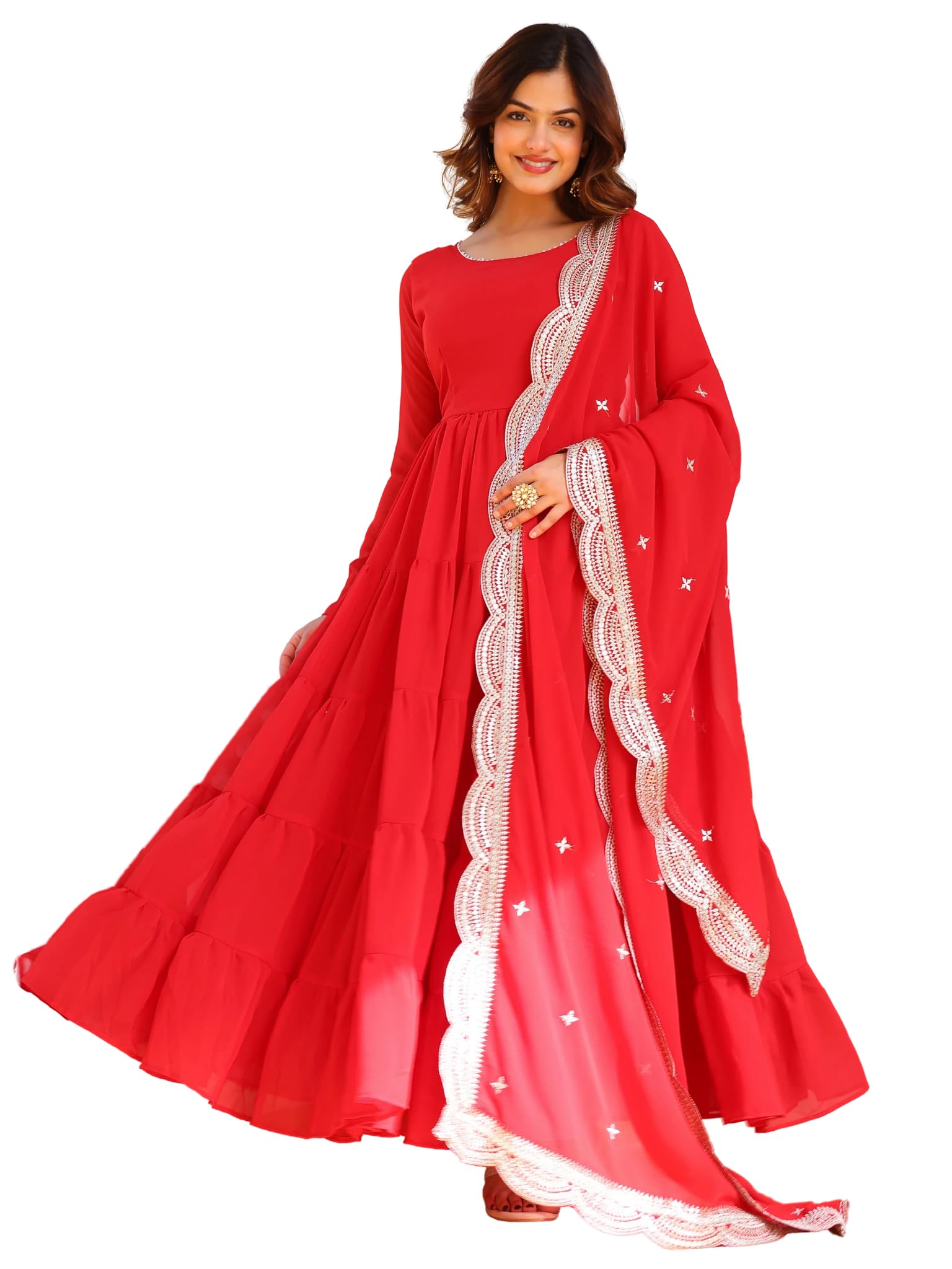 Fashion Basket WomenS Georgette Solid Anarkali Dress Red