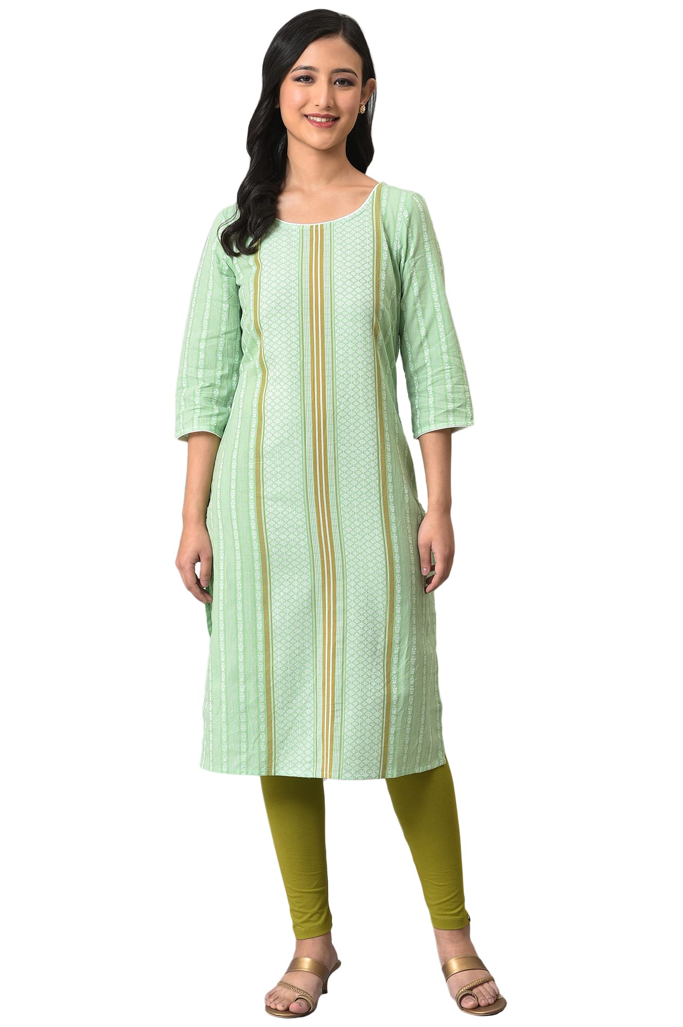 Aurelia Green Cotton Dobby Printed Kurta (Size: M)-24AUA13933-703850